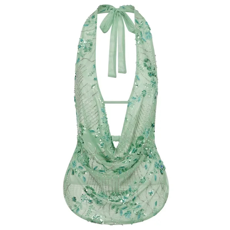 بلوزة نسائية بدون أكمام ذات ترتر عميق على شكل حرف V