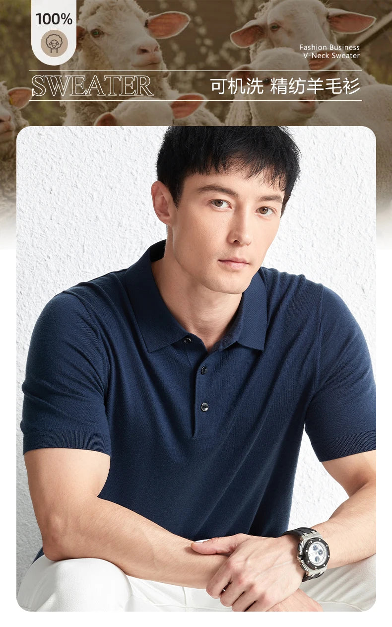 Men Short Sleeve Wool Polo Knit