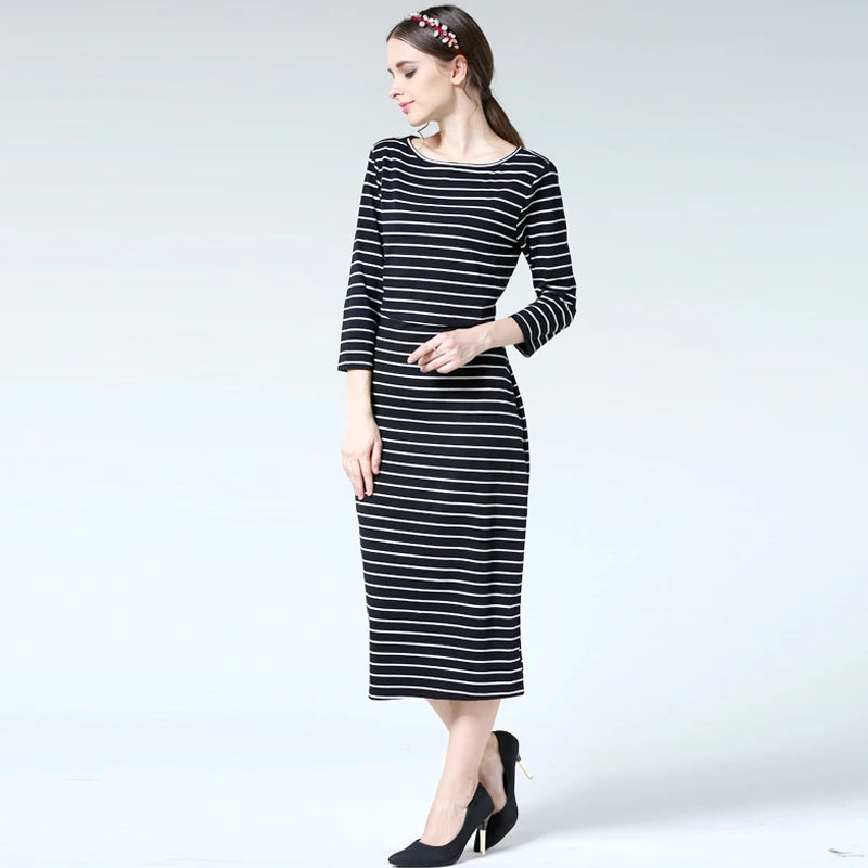 Postpartum nursing maternity dress with 3/4 sleeves and striped pattern, perfect for breastfeeding.