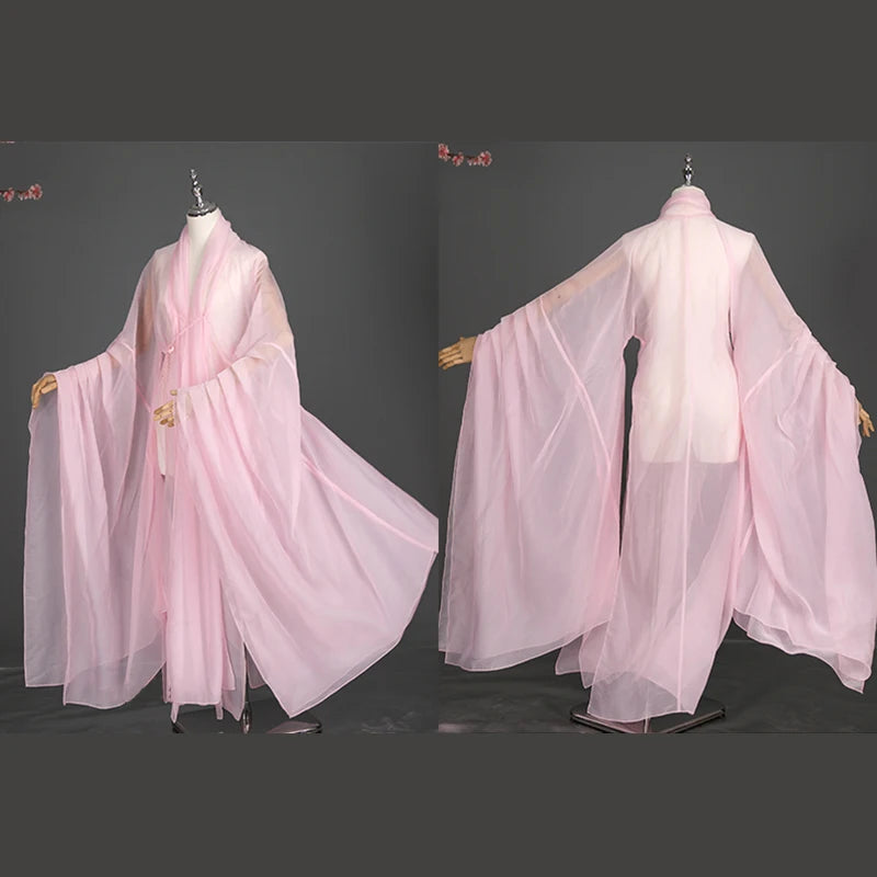 Women’s classical Hanfu in delicate pink, featuring flowing sleeves and lightweight fabric, perfect for stage costumes.