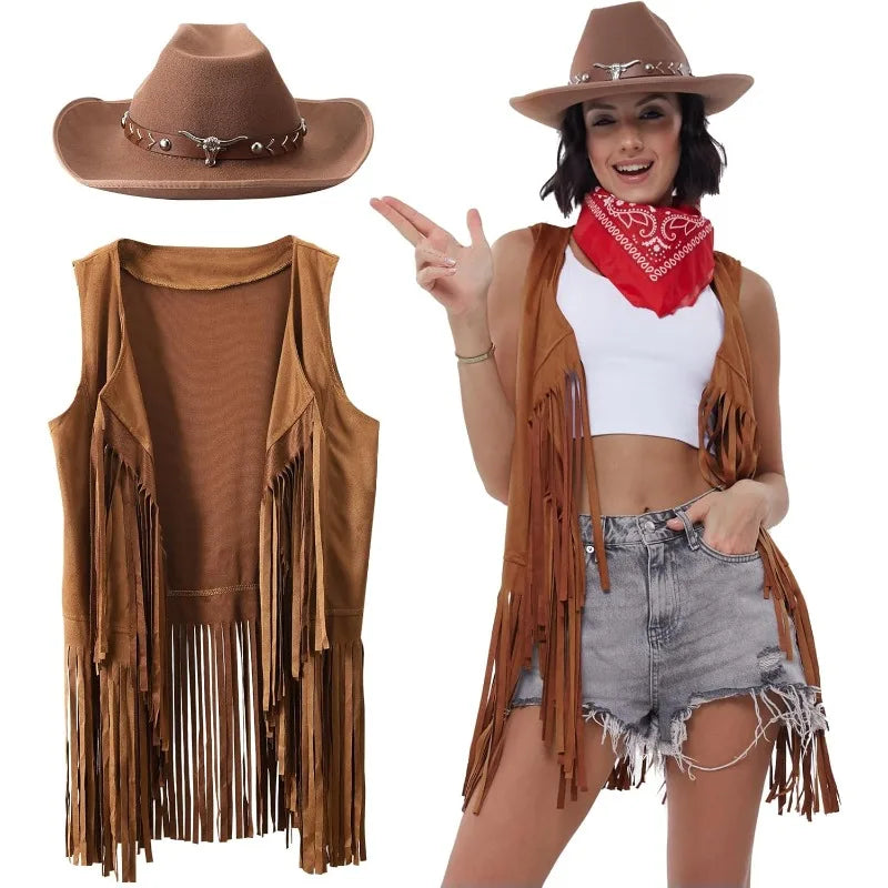 Cowboy costume set featuring a fringed vest, brown hat, and red bandana for women, perfect for movie-themed events.