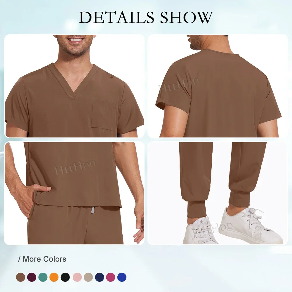 Unisex nurse surgical scrub suit jogger set in brown, featuring breathable fabric and pockets, ideal for medical and beauty settings.