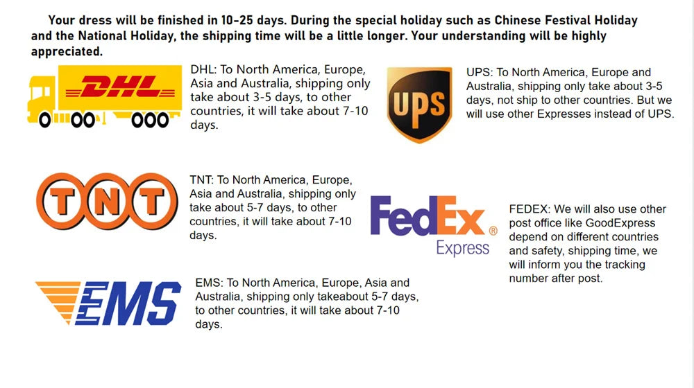 Shipping options and delivery times for wedding dresses via DHL, UPS, TNT, FedEx, and EMS.
