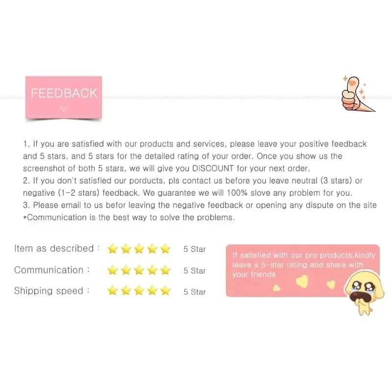 Customer feedback instructions with 5-star rating examples and contact information for issues.