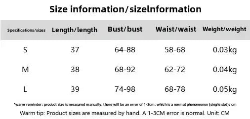 Size chart for women's sleeveless tube crop top showing measurements for small, medium, and large sizes in centimeters.