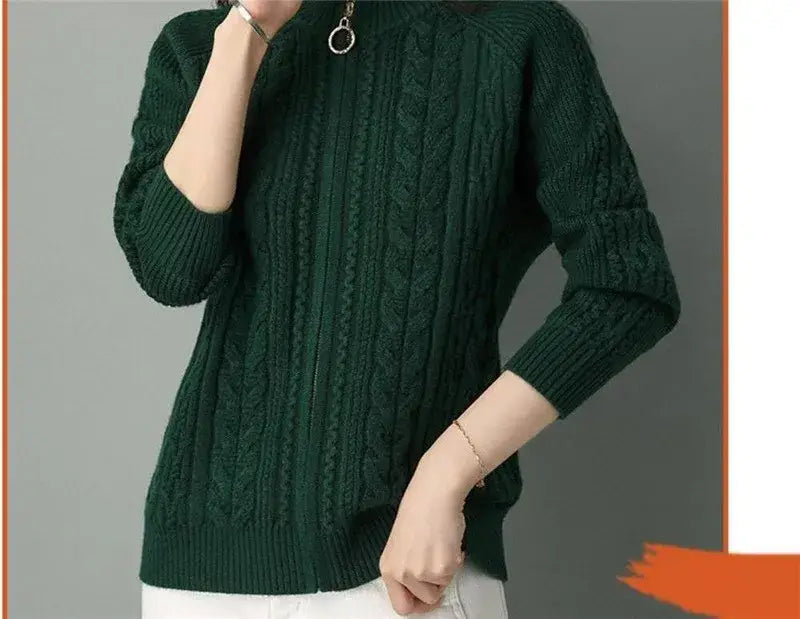 Women Zipper High Collar Knit Cardigan