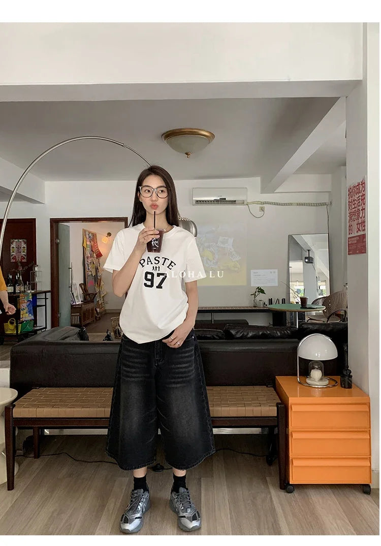 FadeMid™ – Black Retro Loose Shorts (High Waist, Y2K Mid-Length)