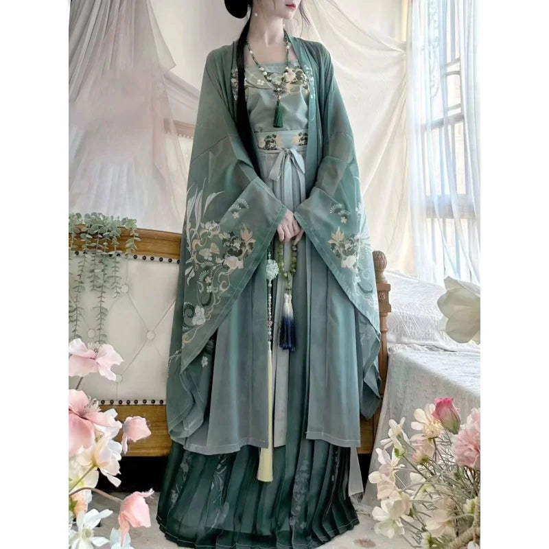 Elegant Song Dynasty Hanfu set for women, featuring intricate floral designs in chiffon, perfect for all seasons.