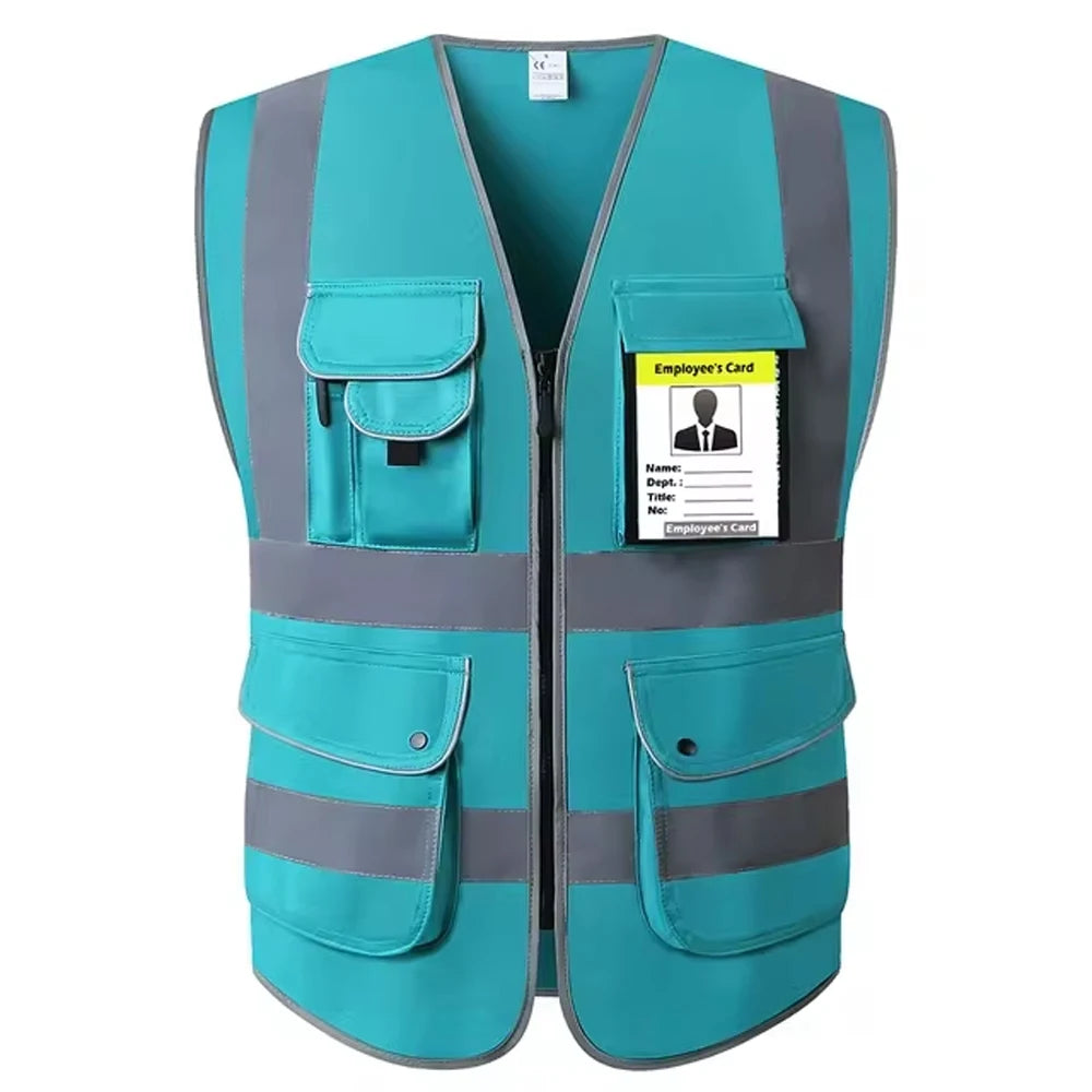 Hi-Vis turquoise safety vest with multiple pockets and reflective stripes for enhanced visibility in various industries.
