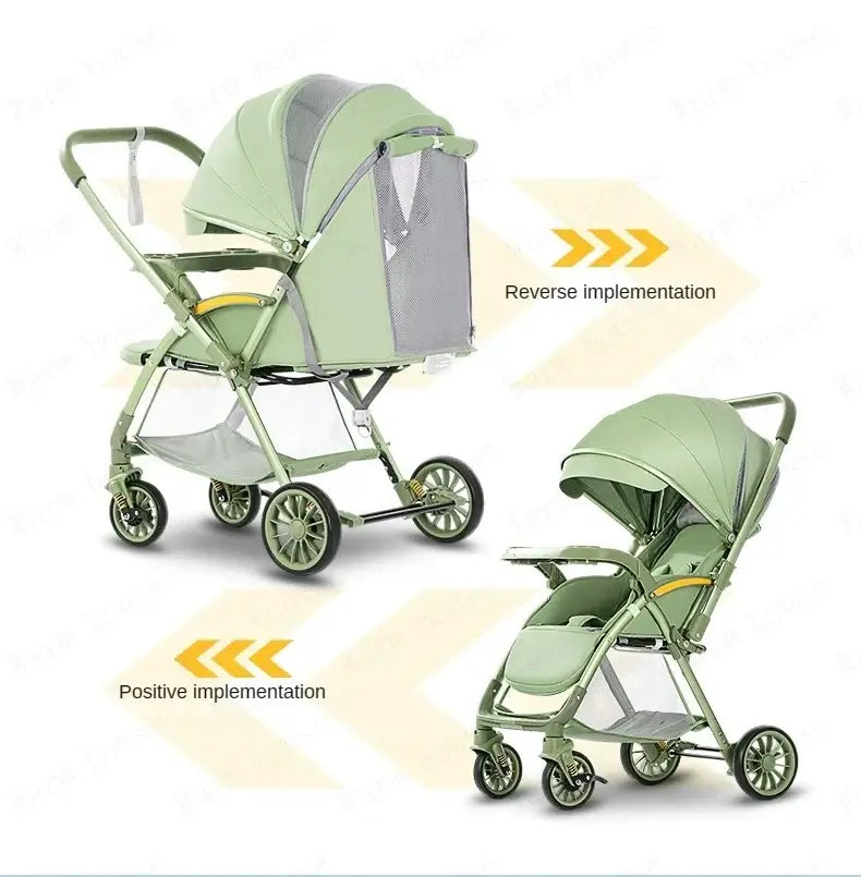 Bi-directional high landscape baby stroller in green, showcasing both reverse and positive implementations for versatile use.