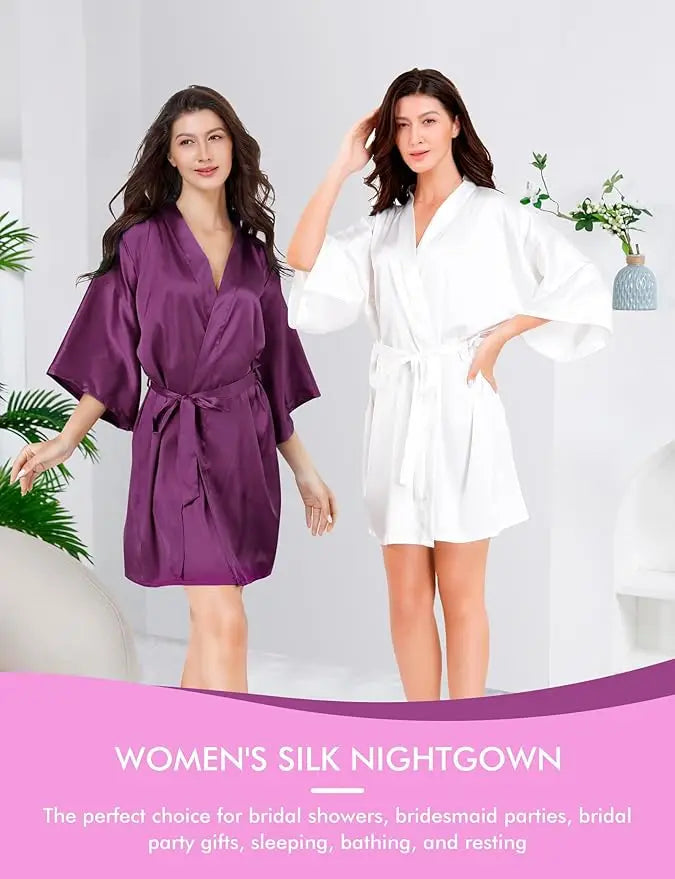 Women in silk nightgowns, showcasing purple and white robes, ideal for bridal showers and sleepwear.