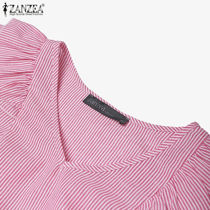 بلوزة نسائية مخططة بدون أكمام وفتحة رقبة على شكل حرف V