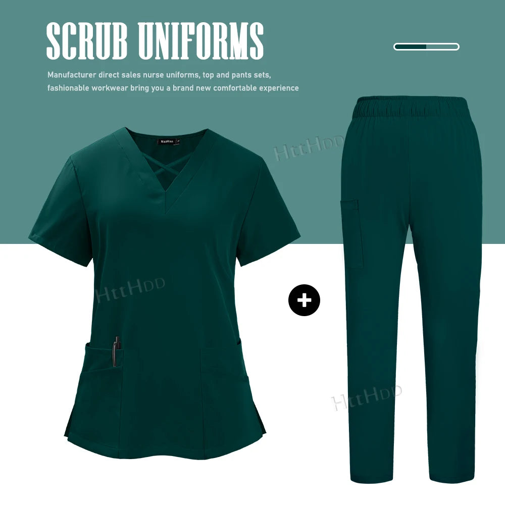 Nurse dental scrubs set in dark green with top and pants, offering breathable and comfortable medical workwear.