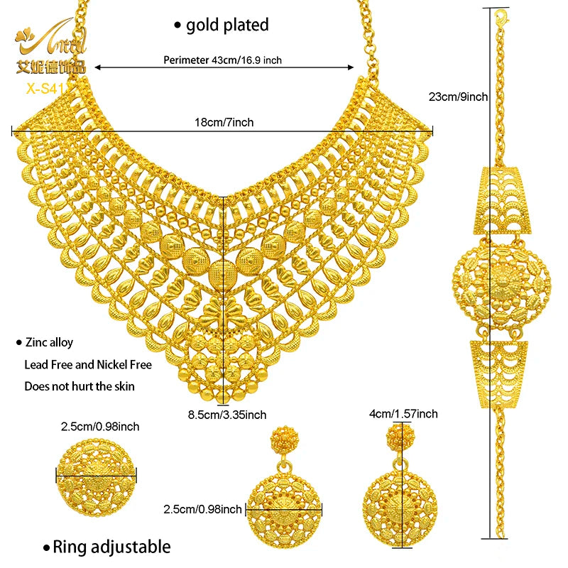Luxury Indian bridal jewelry necklace set, 24K gold plated, zinc alloy, includes necklace, earrings, and ring.