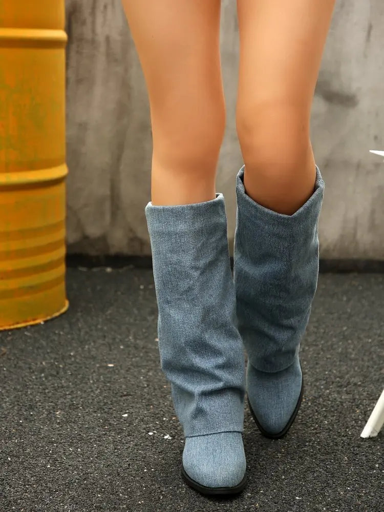 Women’s Knee High Cowboy Denim Boots 2025