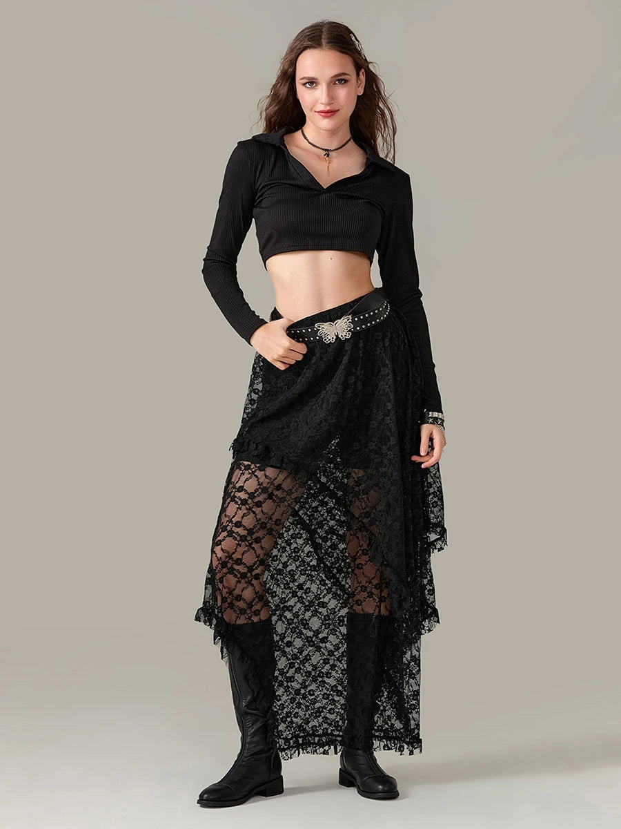 Women Navy Lace Maxi Skirt