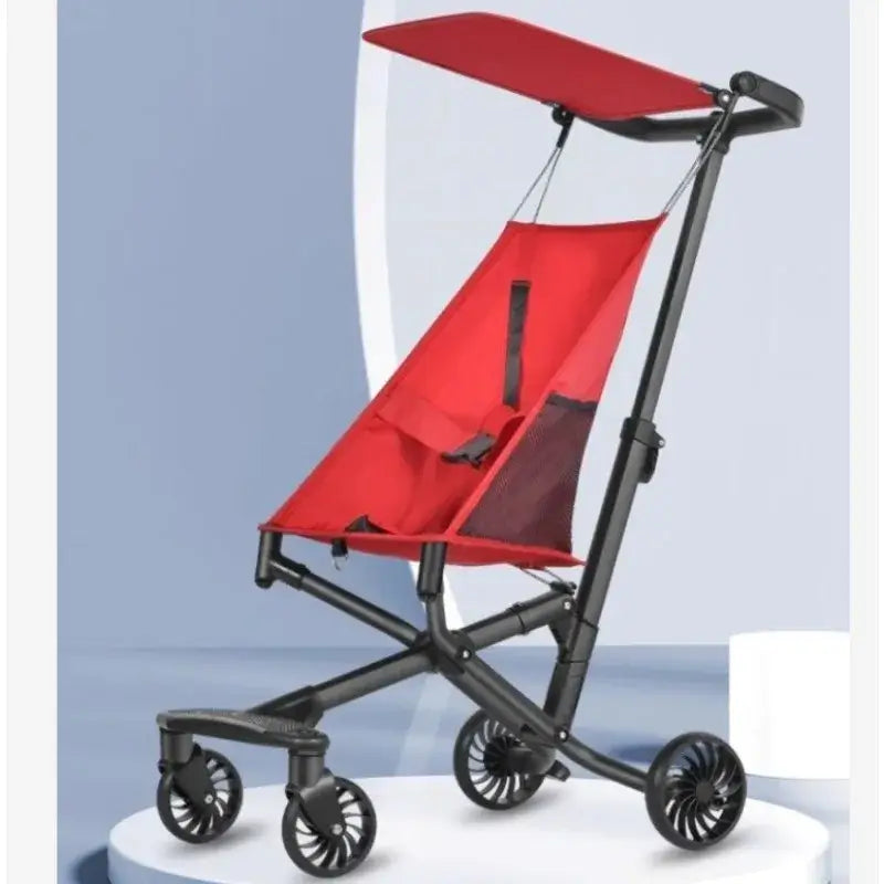 Lightweight red baby stroller with high carbon steel frame and foldable design, suitable for ages 1-6 years.