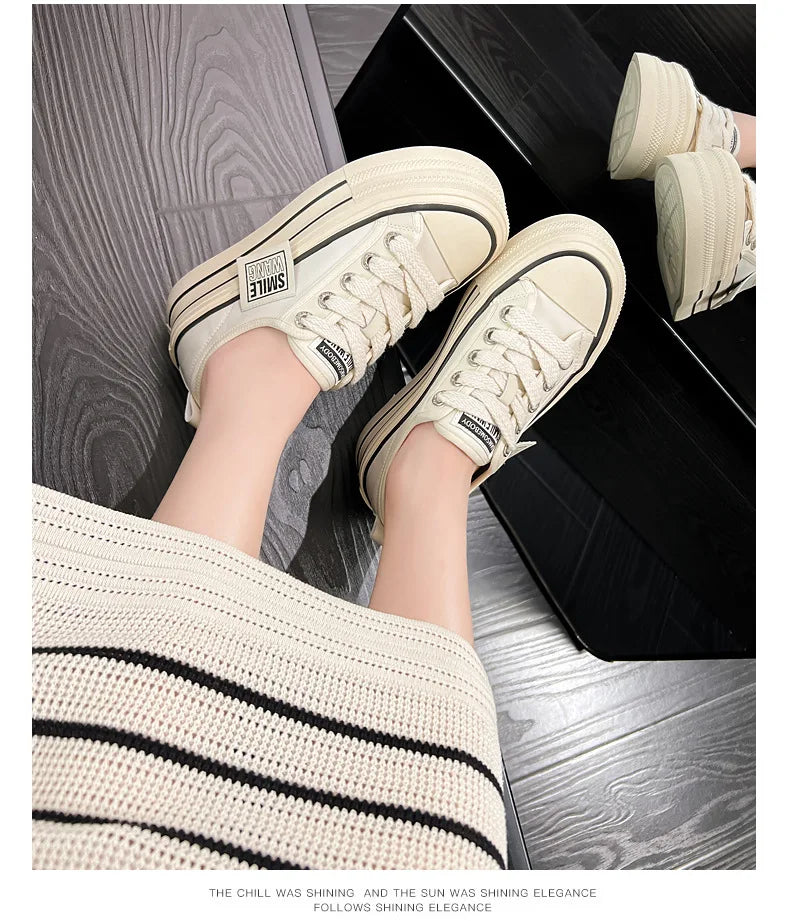 Women Canvas Shoes Black White Platform Sneakers