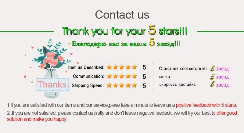 Thank you message for 5-star feedback with flowers and star ratings on service and shipping.