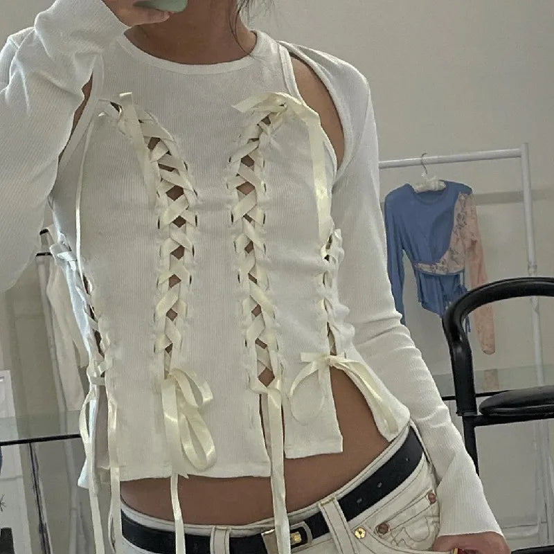 Aesthetic Bow Bandage Ribbed Crop Top