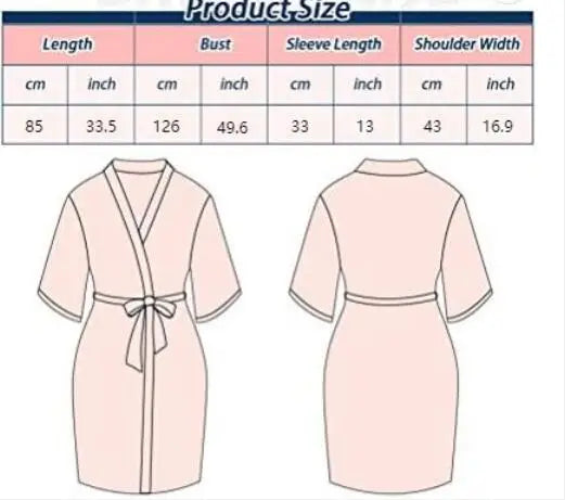 Size chart for Plus Size Satin Bride Robe in rose gold, including measurements for length, bust, sleeve, and shoulder width.