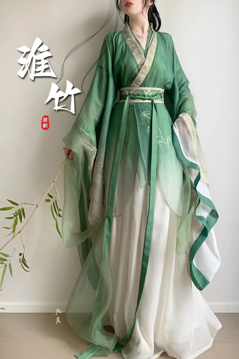 Bamboo Green Hanfu Dress, elegant traditional outfit for women, featuring flowing sleeves and vintage design for special occasions.
