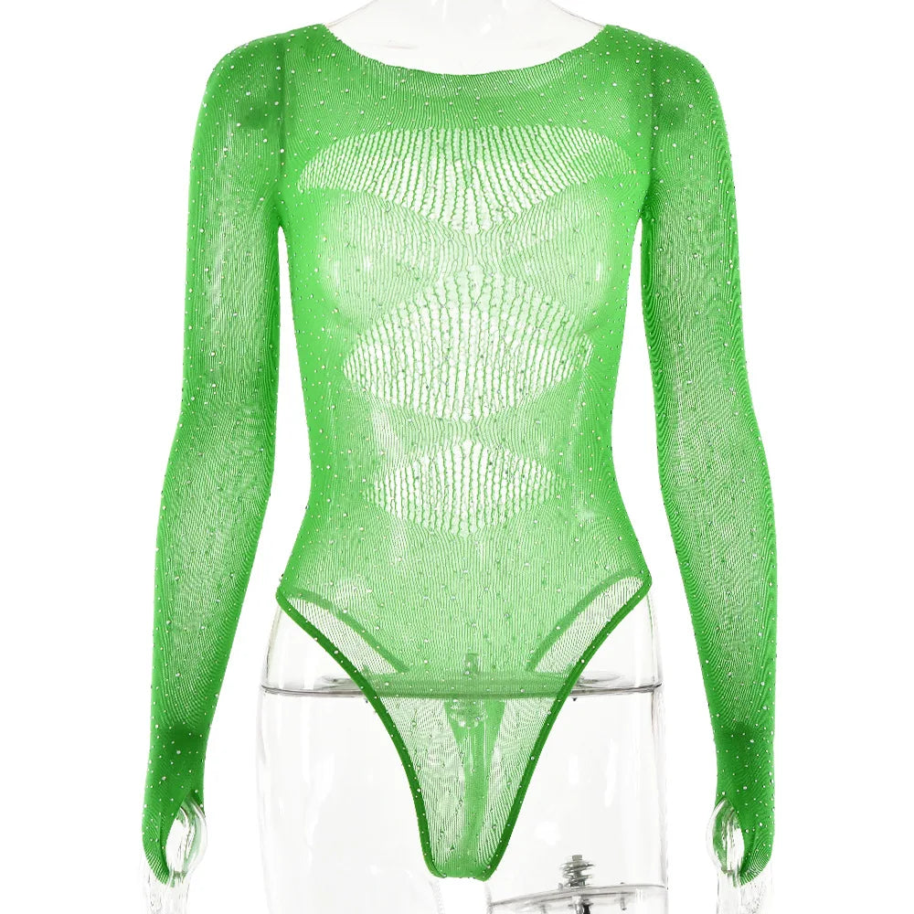 Women's Knitted Rhinestone Long Sleeve Bodysuit – Sexy Y2K Outfit