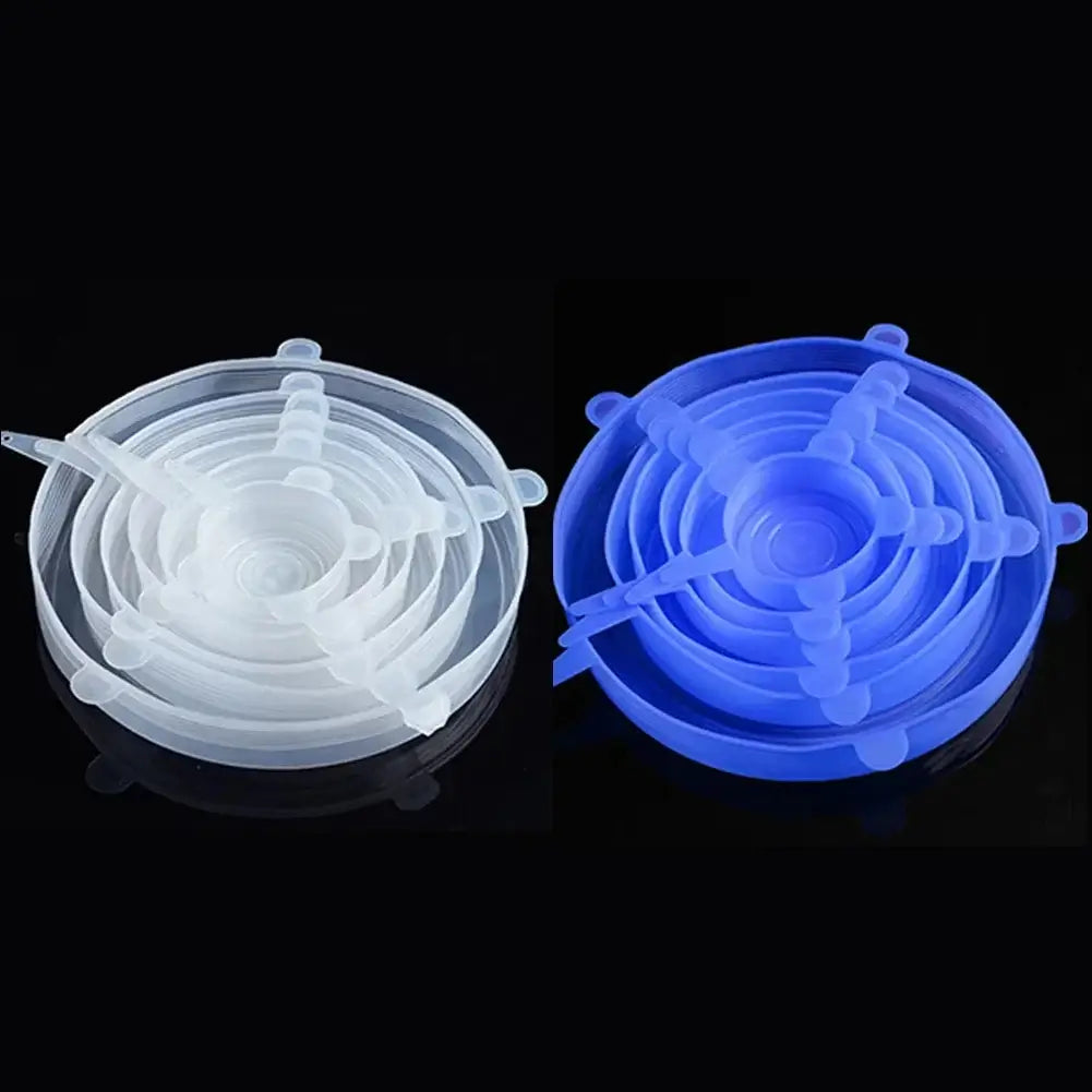 6 pcs silicone stretch lids in white and blue for kitchen and microwave use, reusable and easy to clean.