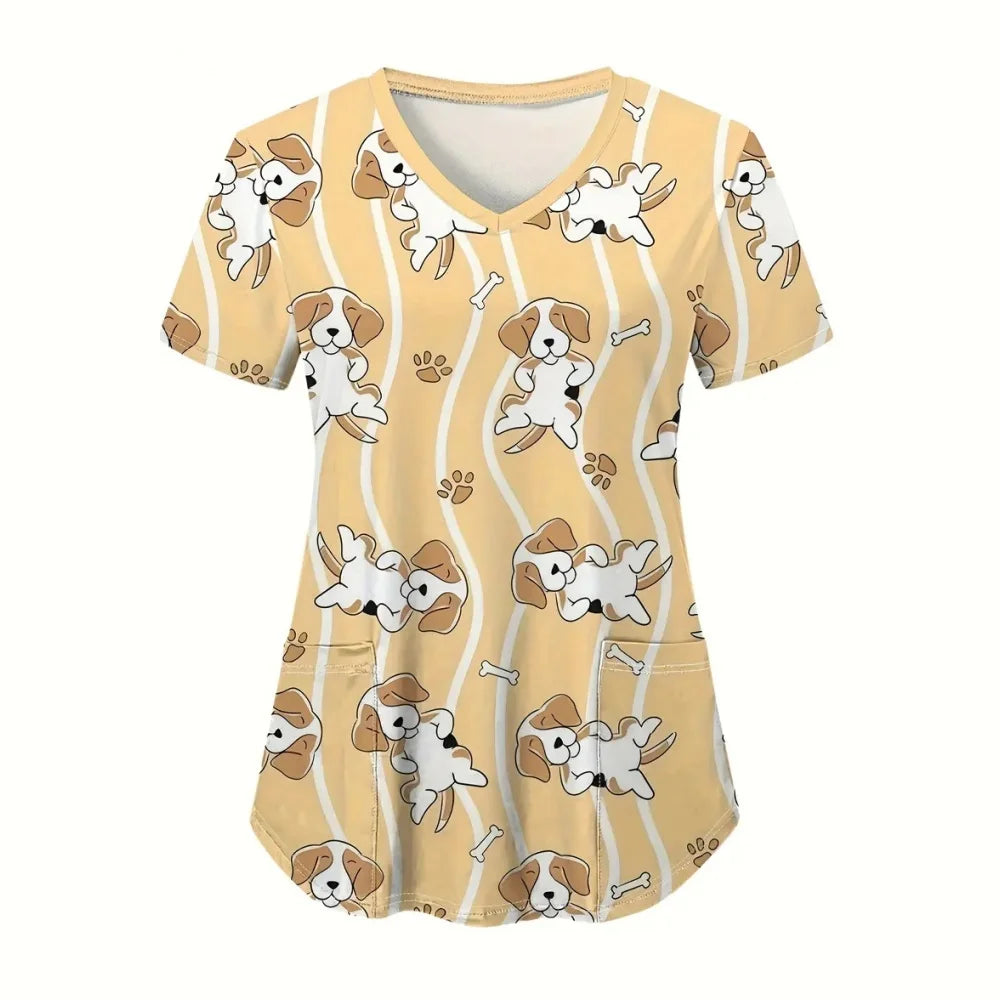 Cartoon animal scrubs featuring playful dogs and bones, perfect for women's veterinary uniforms.