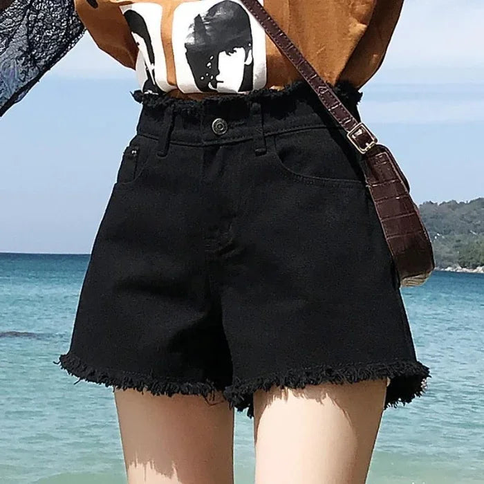 High Waist Black Tassel Denim Shorts for Women