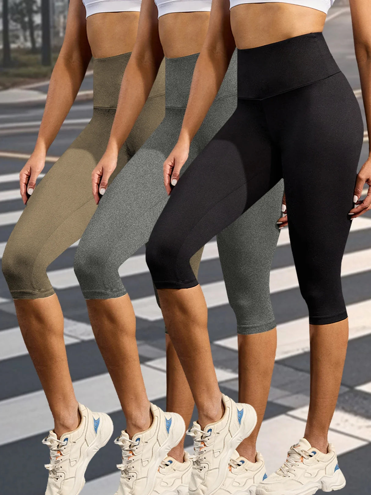 مجموعة من 3 بنطلونات يوجا كابري عالية الخصر للنساء