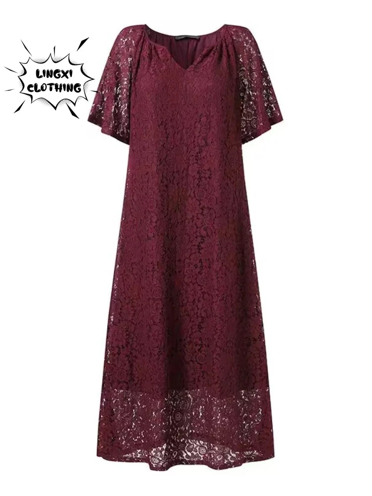 Women Lace V Neck Long Dress