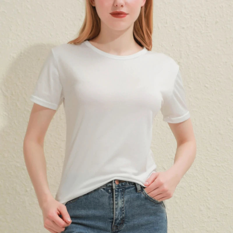 Slim fit white cotton V-neck tee for women, lightweight and breathable, perfect for summer casual wear.