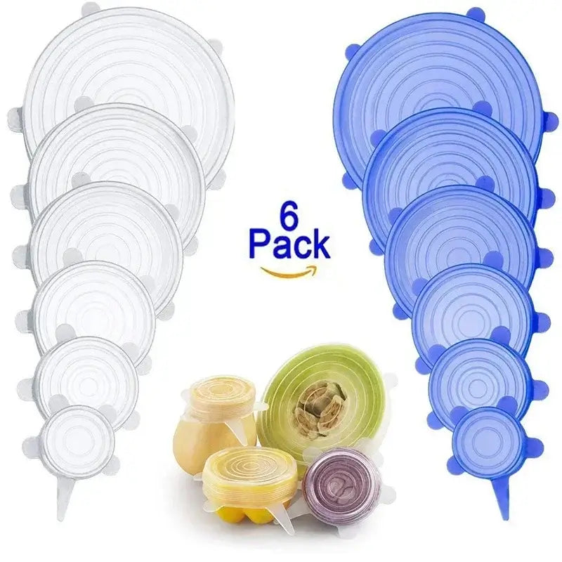 Adjustable silicone food covers in clear and blue, 6 pack, perfect for sealing bowls and keeping food fresh.
