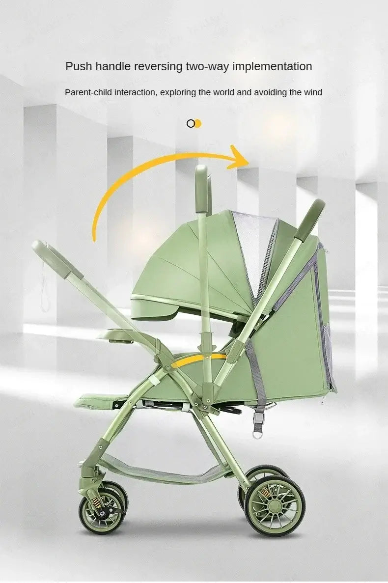 Bi-directional baby stroller with a reversible handle, promoting parent-child interaction and outdoor exploration.