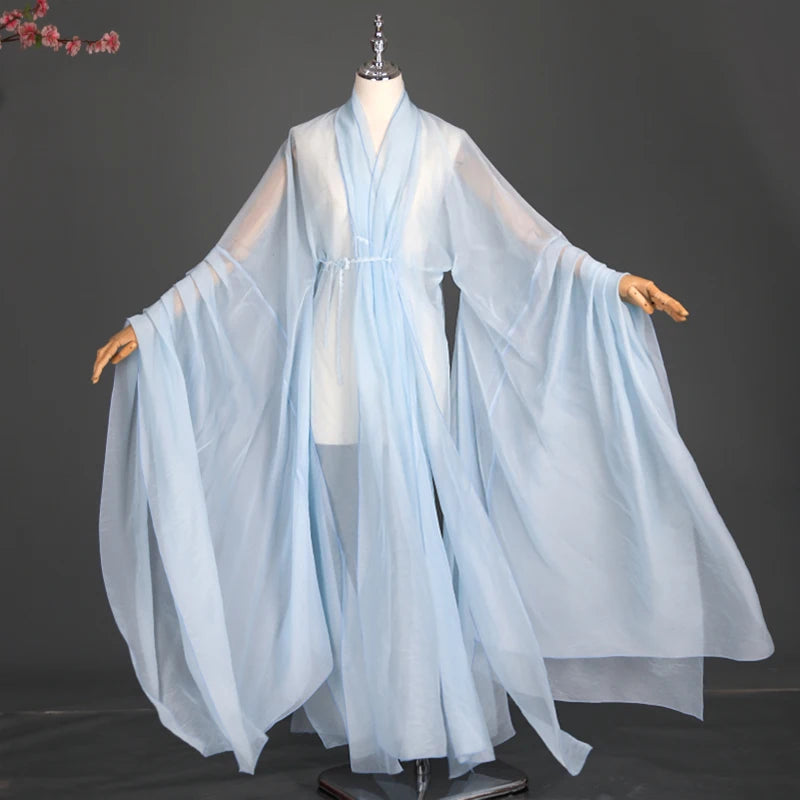 Elegant women's classical Hanfu costume in sheer blue fabric, perfect for stage performances or cultural events.