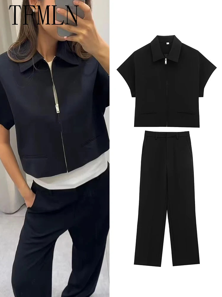 Lapel Zip Wide Leg Pant Set
