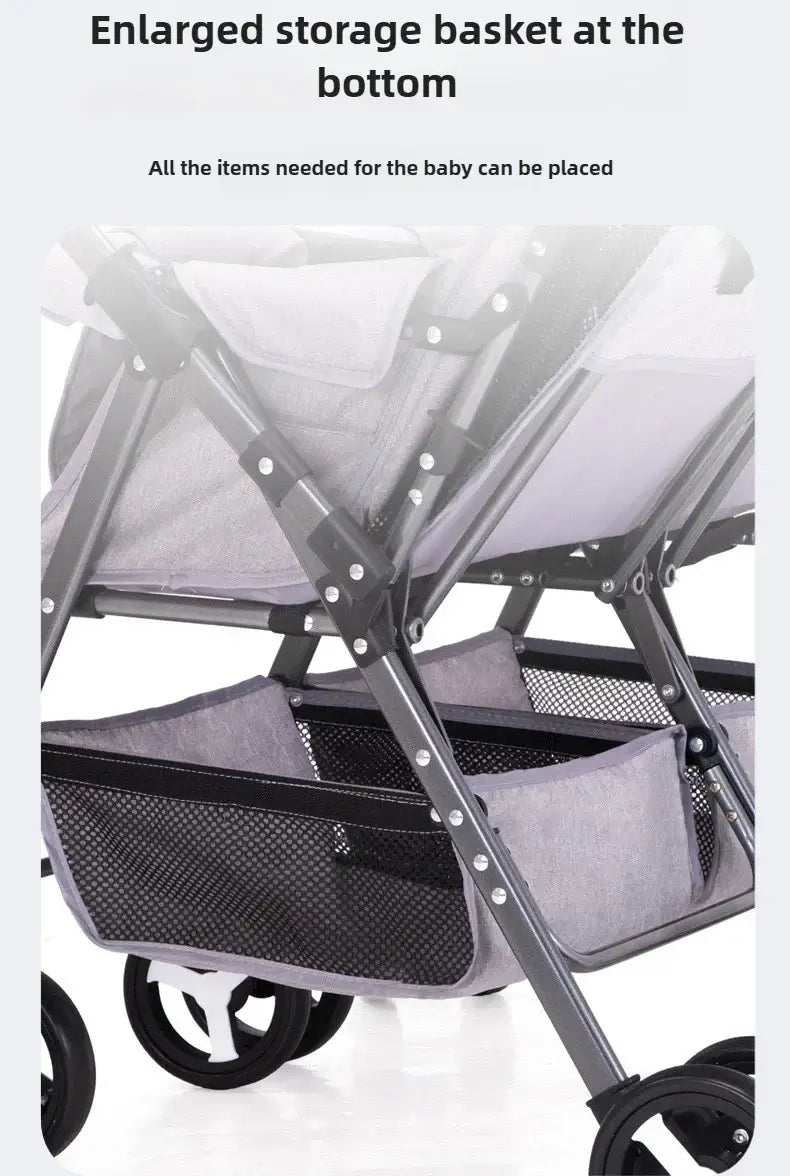 Enlarged storage basket feature of the 2025 New Twin Baby Stroller, perfect for holding all essential baby items.