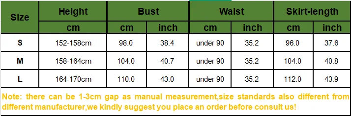 Size chart for Women's Red & White Hanfu Vintage Cosplay Costume including height, bust, waist, and skirt length measurements.