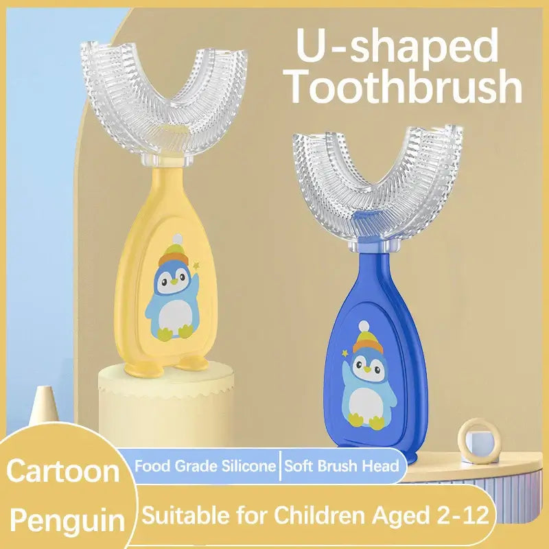 U-shaped toothbrush for children aged 2-12, featuring cartoon penguin design, made from food-grade silicone with soft brush head.