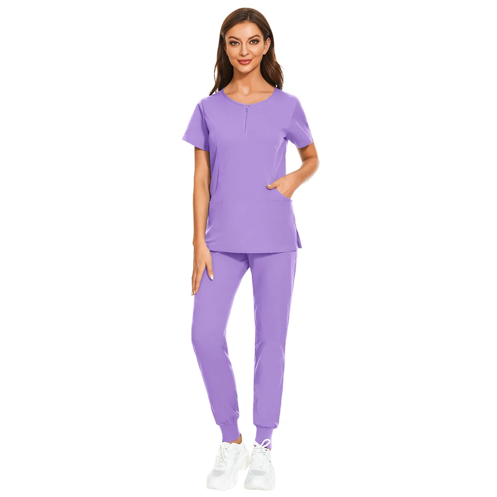 7-color nursing work uniform featuring a zipper V-neck top and matching pants, suitable for women and unisex use.
