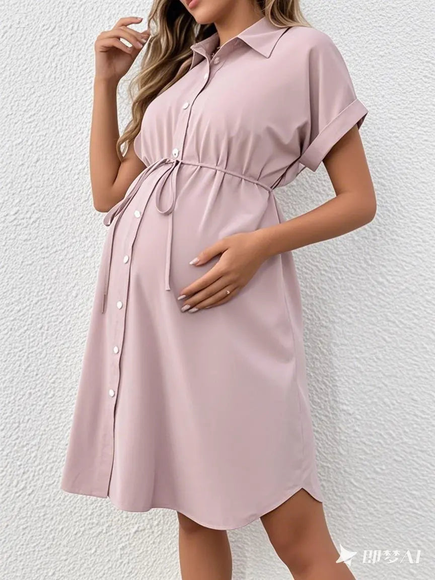 Striped button maternity dress in light pink with a casual summer style, featuring a turn-down collar and adjustable tie.