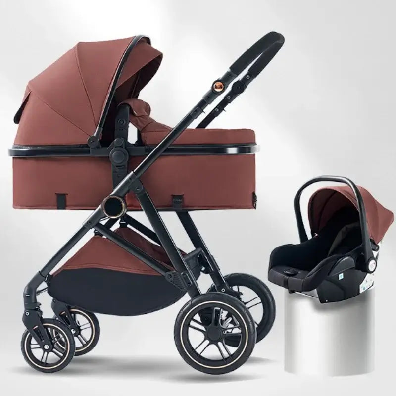 Lightweight portable baby stroller with car seat in brown, designed for ages 0-3 years, foldable and high landscape.