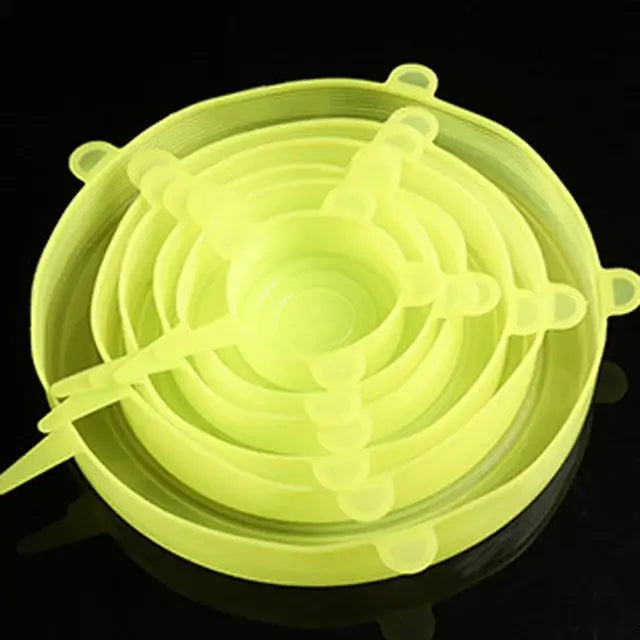 6 pcs silicone stretch lids for kitchen, microwave-safe, reusable food covers in vibrant yellow color.