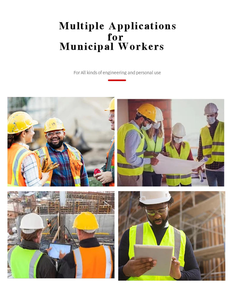 Collage of municipal workers in safety gear collaborating and reviewing plans in various work environments.