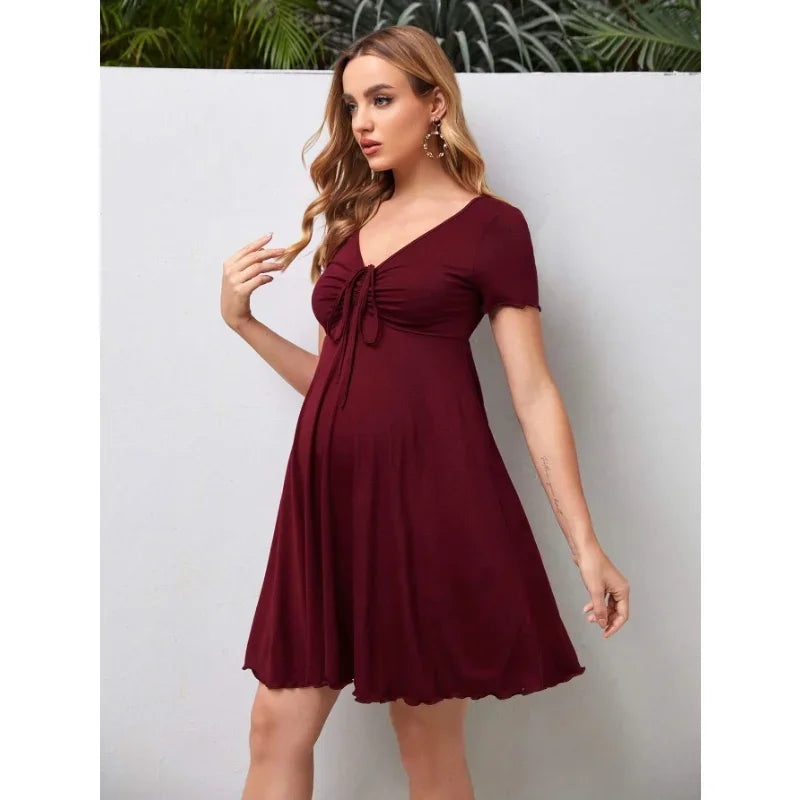 Burgundy Pure Color V-Neck Maternity Dress, knee-length, short sleeves, perfect for summer, designed for plus-size women.