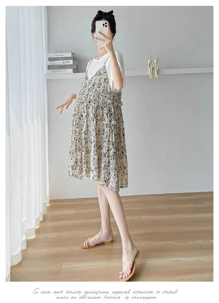 Elegant mesh floral maternity dress perfect for summer baby shower, showcasing a knee-length design and comfortable fit.