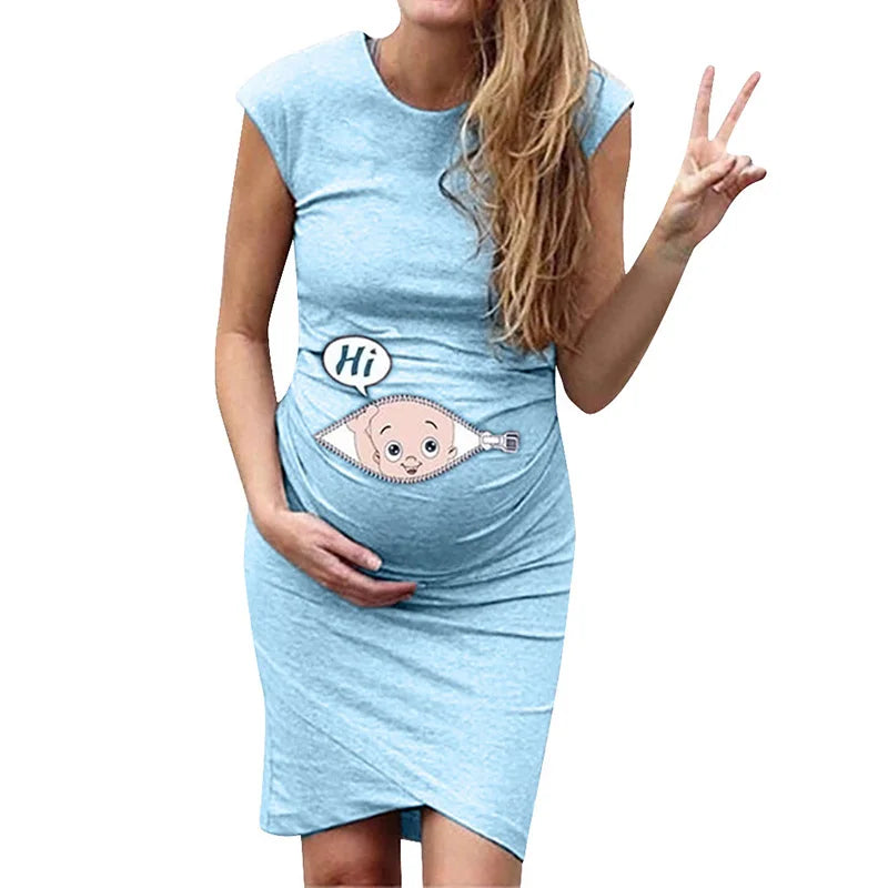 Loose casual maternity dress for plus size women, featuring a playful cartoon design and boat neck, perfect for summer wear.