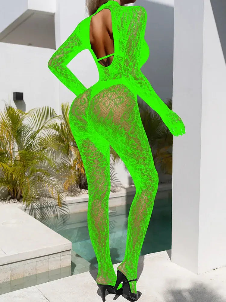 Women Lace Fishnet Long Sleeve Jumpsuit