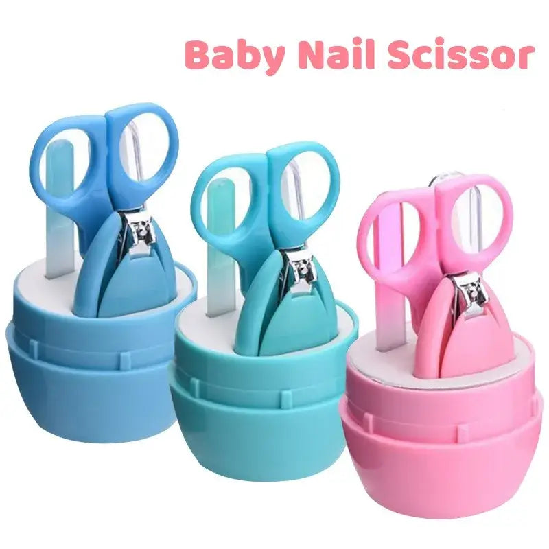 Set of cute baby nail scissors in blue and pink, safe for newborns, perfect for trimming tiny nails with care.